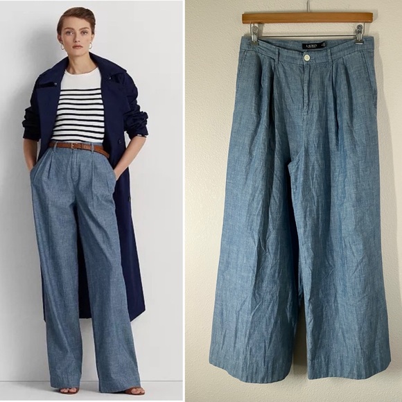 Lauren Ralph Lauren Pants - LAUREN RL Wide Leg Chambray Trouser Pants Size 10 Pleated Old Money Heritage
